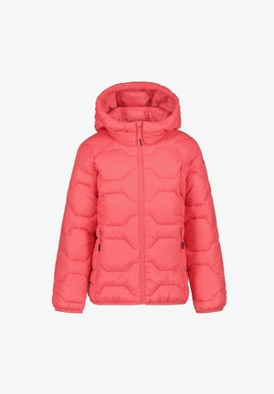 Giacca puffer rosa corallo con cappuccio, chiusura con zip e design trapuntato con motivi geometrici. Include due tasche laterali.