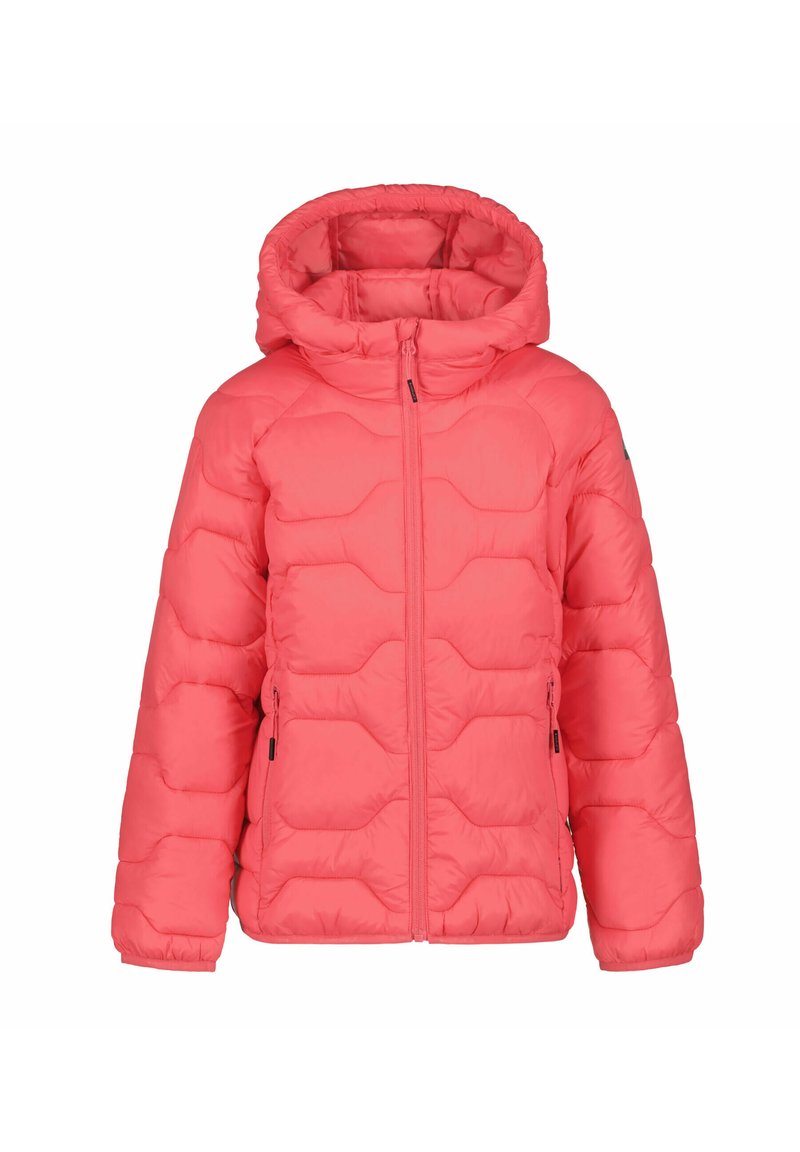 Giacca puffer rosa corallo con cappuccio, chiusura con zip e design trapuntato con motivi geometrici. Include due tasche laterali.