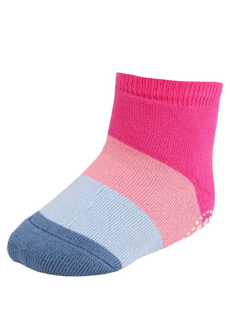 Chaussettes pour enfants avec un design en blocs de couleurs rose, rose clair, bleu clair et bleu foncé, avec une bordure côtelée et des points de grip en relief.