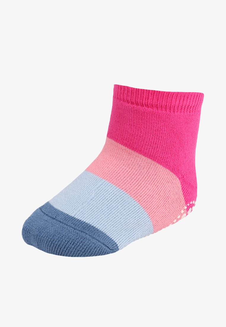 Chaussettes pour enfants avec un design en blocs de couleurs rose, rose clair, bleu clair et bleu foncé, avec une bordure côtelée et des points de grip en relief.