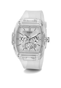 Orologio in acrilico trasparente con cinturino in silicone bianco, cassa rettangolare, quadrante argento e subquadranti intricati che mostrano la data e il giorno della settimana.