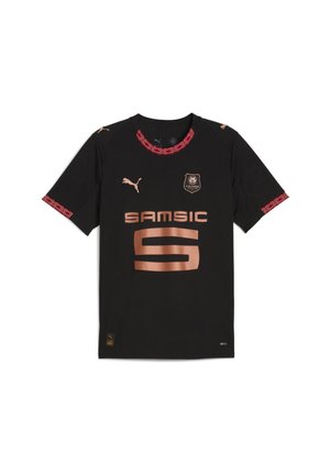 Schwarzes Fußballtrikot mit kurzen Ärmeln. Mit rotem und gemustertem Besatz am Kragen und an den Ärmeln. Goldenes Logo und Schriftzug auf der Vorderseite.