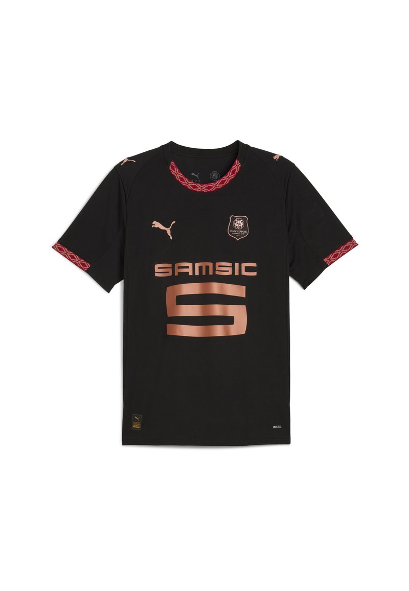 Juodas futbolo marškinėlis trumpomis rankovėmis. Yra raudonos ir raštuotos detalės ant apykaklės ir rankovių. Priekyje yra auksinė logotipas ir užrašai.