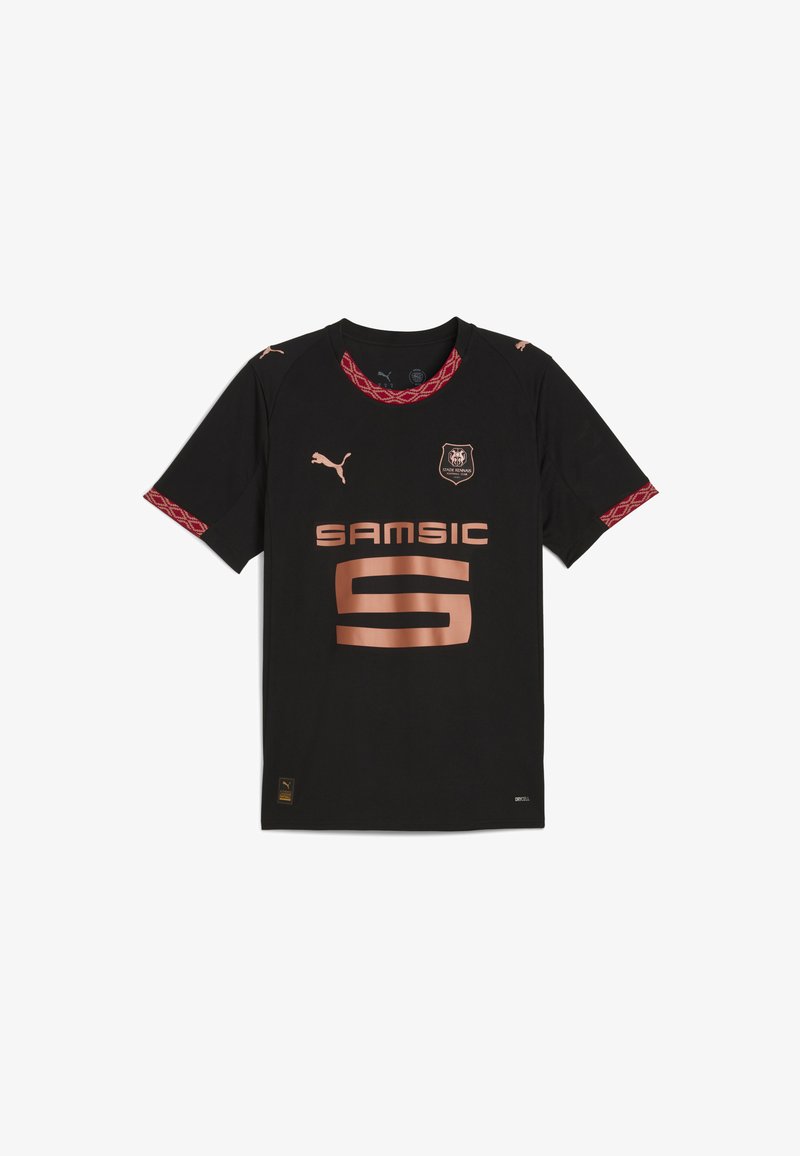 Fekete rövid ujjú focimez. Piros és mintás díszítéssel a galléron és az ujjakon. Arany logó és felirat az elülső részen.