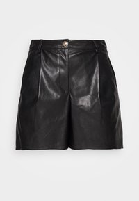 Svart lädershorts med hög midja, utrustade med en framknäppning med en guldknapp och plisserade detaljer för extra textur.