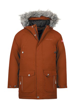 Rust-orange children's winter parka with faux fur hood trim, front zipper and snap buttons, flap pockets, and Norwegian flag patch on sleeve.