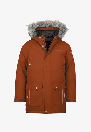 Rust-orange children's winter parka with faux fur hood trim, front zipper and snap buttons, flap pockets, and Norwegian flag patch on sleeve.