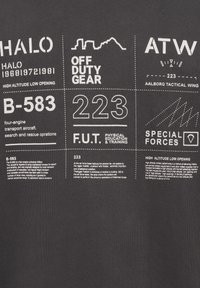 Militärisch thematisierte Textblöcke, die HALO, Flugzeug B-583, Aalborg Tactical Wing 223, Spezialeinheiten und körperliches Training auf dunklem Stoffhintergrund referenzieren.