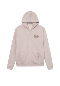 Sudadera con cremallera de color beige claro, con capucha ajustable, dos bolsillos frontales y un logo circular en el lado izquierdo del pecho. Material mezcla de algodón.