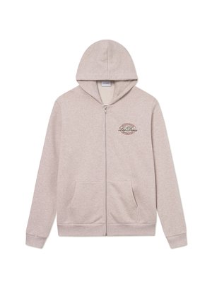 Lyse beige zip-opp hettejakke med snøring i hetten, to frontlommer og en sirkulær logo på venstre brystområde. Materiale av bomullsblanding.