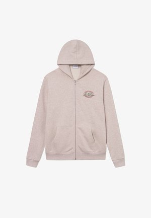 Sweatshirt de cor bege clara com fecho de correr, capuz ajustável por cordão, dois bolsos frontais e um logótipo circular na área do peito esquerdo. Material em mistura de algodão.