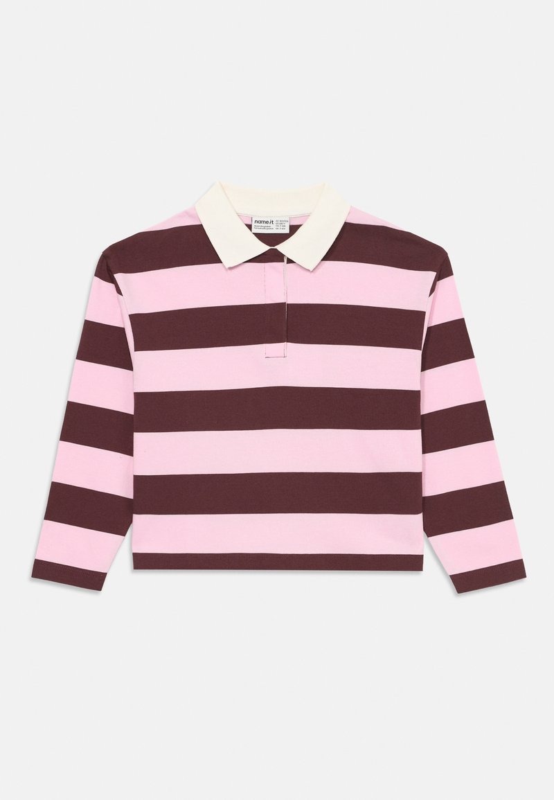 Långärmad polo tröja i växelvis mörkbruna och ljusrosa ränder. Har en krämfärgad krage och en framplacket. Stretchiga bomulls tyg.