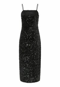 Crna haljina s cirkonima, uski naramenice, oblikovani kroj, do koljena i s blistavom teksturom kroz cijelu haljinu.
