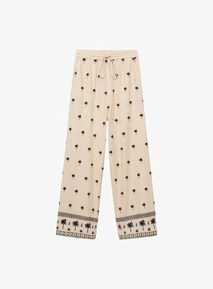 Krémové široké kalhoty s černým vzorem palmových listů, elastický pás s šňůrkou a kontrastní vzorovaná bordura na lemu.