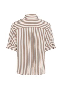 Chemise beige et blanche à manches courtes avec des rayures verticales et horizontales, vue de dos avec un col et une coupe ample.