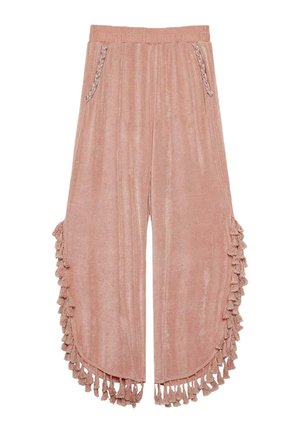 Pantalones de pierna ancha de tela suave y rosa con una cinturilla elástica, que presentan bolsillos laterales y borlas decorativas en el dobladillo. Acabado texturizado.