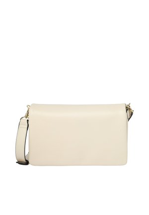 Cream-colored rectangular leather crossbody bag with a detachable strap and gold-tone hardware on a white background.