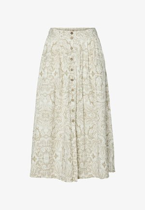 Gonna maxi in un tessuto crema chiaro con un motivo ornamentale marrone, dotata di chiusura frontale con bottoni e design plissettato per un tocco di texture in più.