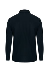 Zwart poloshirt met lange mouwen, voorzien van een kraag, een soepele textuur en zijsplitten in de zoom, geschikt voor casual kleding.