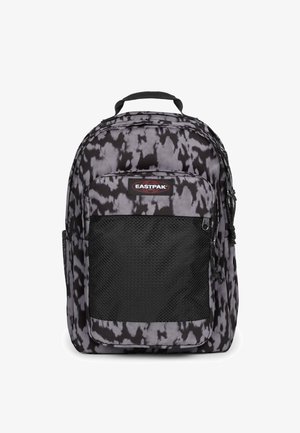 Zwart-grijs rugzak met patroon, voorzien van een voorvak met mesh, draaghandvat, verstelbare banden en Eastpak-logo. Gemaakt van duurzaam materiaal.