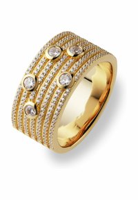 Guldtonad ring med flera rader av små klara kristaller, med fem större runda kristaller placerade i en upphöjd design.