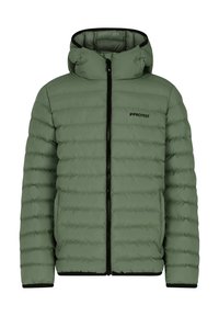 Olijfgroene pufferjack met horizontale quilt, een capuchon en een zwarte rits. Bevat contrasterende zwarte afwerking langs de manchetten.