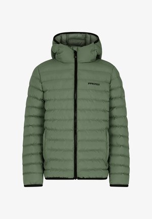 Olijfgroene pufferjack met horizontale quilt, een capuchon en een zwarte rits. Bevat contrasterende zwarte afwerking langs de manchetten.