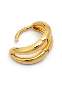 Gouden hoopoorbel met een glad, rond ontwerp en een open, U-vormige structuur. Beschikt over een gepolijste afwerking en naadloze scharnierdetails.