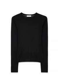 Čierny dlhý rukáv sveter z ľahkého pleteného materiálu, s okrúhlym výstrihom, bočnými rozparkami a uvoľneným strihom. Minimalistický dizajn.