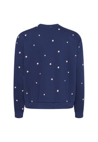 Felpa blu navy con motivo a stelle crema, polsini e orlo a coste, scollatura a girocollo e texture morbida. Vista posteriore mostrata.