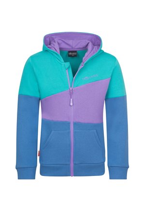 Children's zip-up hoodie with a color-block design in teal, purple, and blue, featuring a hood and front pockets.