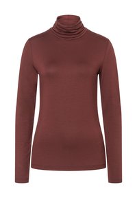 Langärmliges Turtleneck-Oberteil in einem satten Burgunderrot, aus glattem, dehnbarem Material mit umgeschlagenem Kragen und tailliertem Schnitt.