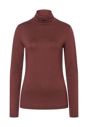 Langärmliges Turtleneck-Oberteil in einem satten Burgunderrot, aus glattem, dehnbarem Material mit umgeschlagenem Kragen und tailliertem Schnitt.