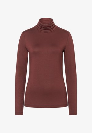 Langärmliges Turtleneck-Oberteil in einem satten Burgunderrot, aus glattem, dehnbarem Material mit umgeschlagenem Kragen und tailliertem Schnitt.