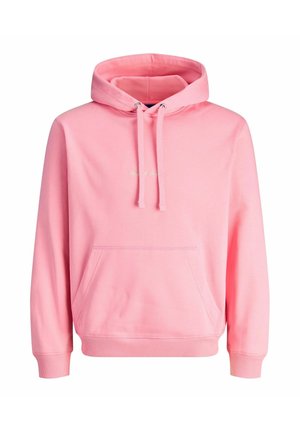 Sudadera de algodón rosa con cordones, bolsillo frontal, puños y dobladillo acanalados, que presenta un sutil logo bordado en el pecho.