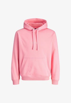 Różowa bawełniana bluza z kapturem, ze sznurkami, kieszenią z przodu, ściągaczami na rękawach i u dołu, z delikatnym haftowanym logo na piersiach.