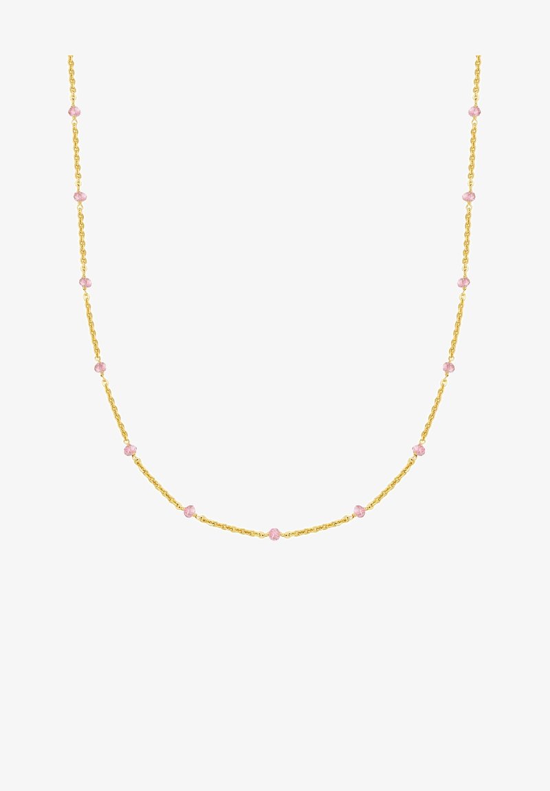 Zelta ķēdes kaklarota ar apaļiem rozā dārgakmeņu akcentiem, kas izkliedēti gar garumu, teksturētiem linkiem un delikātu dizainu.