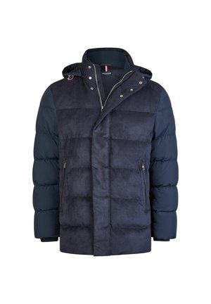 Marineblauwe gewatteerde jas met een ritssluiting en knoopsluiting aan de voorkant, twee opgestikte ritszakken, een capuchon en een boord van geribbeld materiaal.