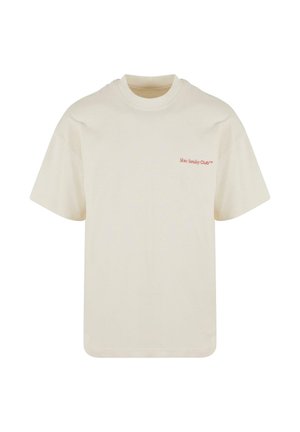 Cremefarbenes T-Shirt mit kurzen Ärmeln, rundem Ausschnitt und kleinem roten Schriftzug „Slow Sunday Club™“ auf der linken Brust.