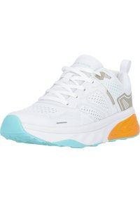 Weißer Sport-Schuh mit Mesh-Obermaterial, hellgrauen und türkisfarbenen Akzenten, gepolsterter Ferse und orangefarbener Außensohle. Ausgestattet mit Schnürdesign.