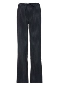 Svarte stripete bukser med strikket midje, som har vertikale hvite striper, noe utvidet form og et mykt, teksturert stoff.