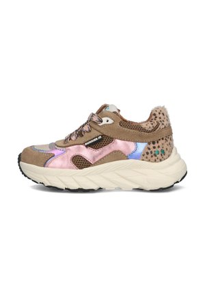 Sneakers made of brown suede with pink and reflective accents. Features mesh detailing and a textured back. Thick white sole.
