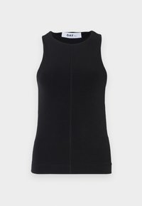 Top sans manches noir en tissu lisse, avec un col rond, un design ajusté et des coutures discrètes sur les côtés.