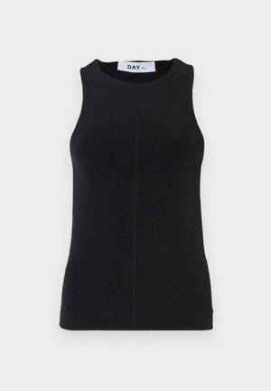 Črna brezrokavnica iz gladkega blaga, s krožnim izrezom, prilegajočim se krojem in subtilnim šivanjem ob straneh.