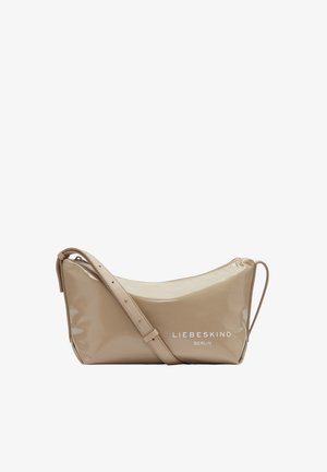 Beige Handtasche aus lackiertem Leder mit geschwungener Form, Reißverschluss und verstellbarem Schultergurt. Mit geprägt Logo auf der Vorderseite.