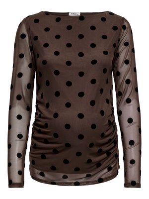 Doorzichtig bruin shirt met lange mouwen, zwarte polkadots, geplooide zijkanten en een boothals.