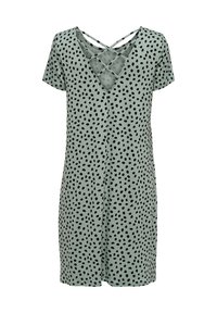 Vihreä lyhythihainen mekko, jossa on mustia pilkkuja, V-pääntie ja ristikkäissuunnittelu selässä. Valmistettu pehmeästä kankaasta, joka on rento istuukin.
