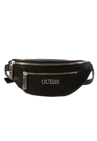 Sort læderbæltepose med dobbelte lynlåskompartments, udstyret med guldfarvede detaljer og prægede "GUESS" logo på forsiden. Tekstureret overflade.