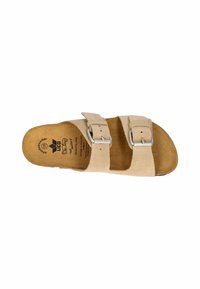 Beige suede sandal with two adjustable silver buckles, contoured footbed, and natural textured sole. Printed logo on insole.