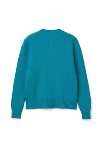 Maglione lavorato a maglia blu verdastro con maniche lunghe, polsini, orlo e scollatura a coste, mostrato da dietro su uno sfondo bianco.